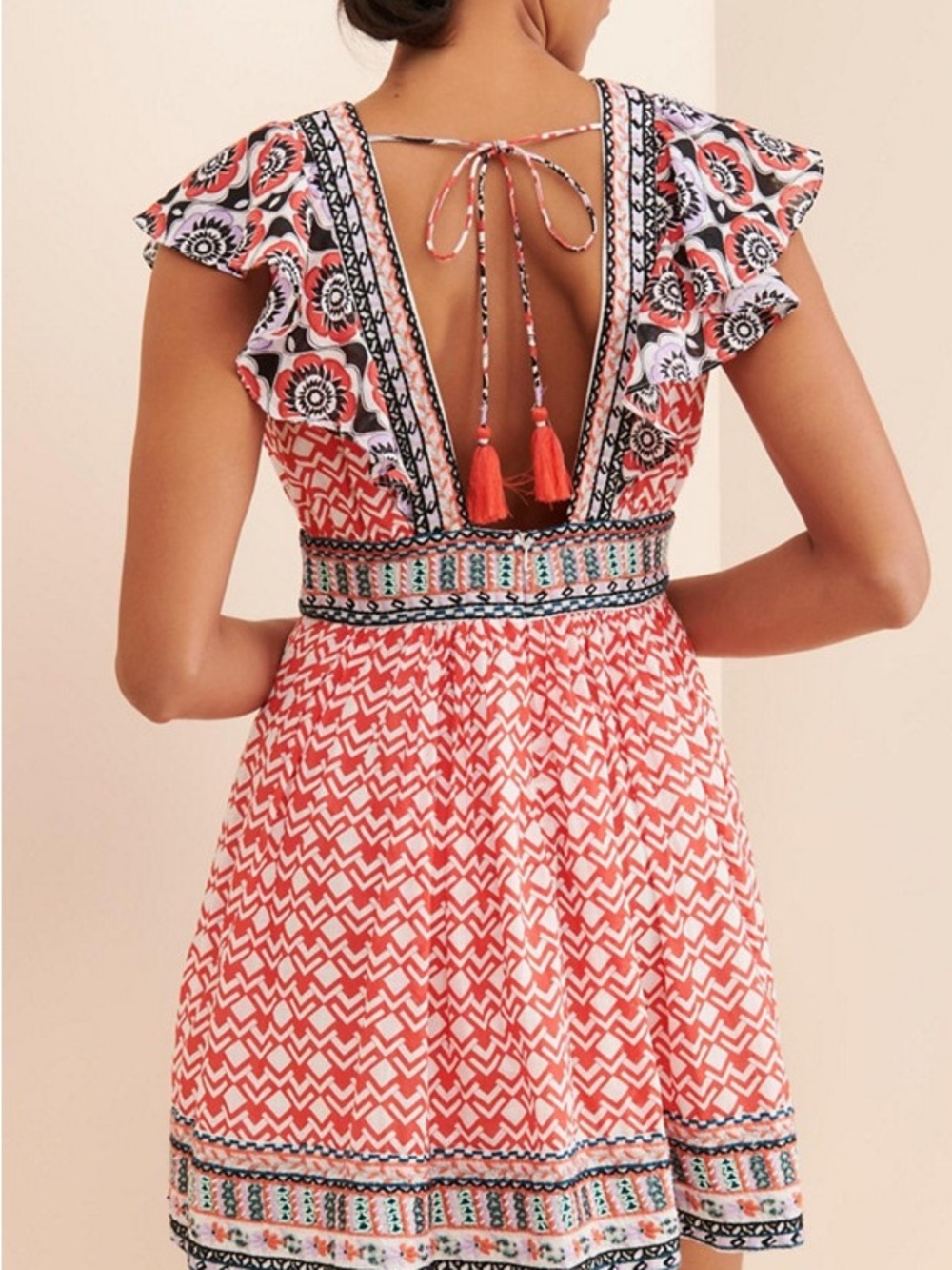 Anthropologie Flutter Printed V-Neck Mini Dress - Coral, Sz 12, guc - Picture 2 of 12